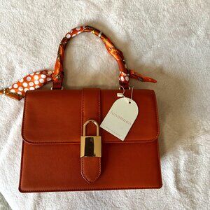 Top Handle with decorative scarf cognac faux leather bag - NWT